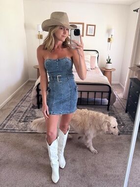 Strapless Denim Mini Dress with Belt - Blue